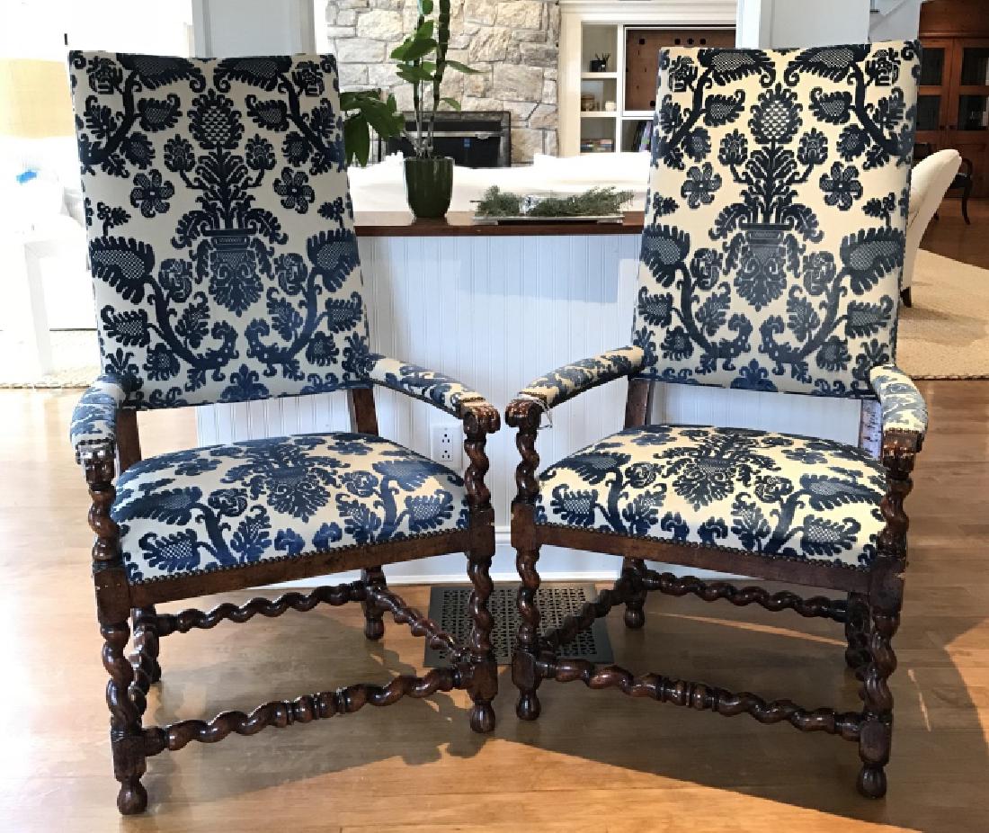 2 Upholstered Louis XIII Style Walnut Arm Chairs (1 of 11)