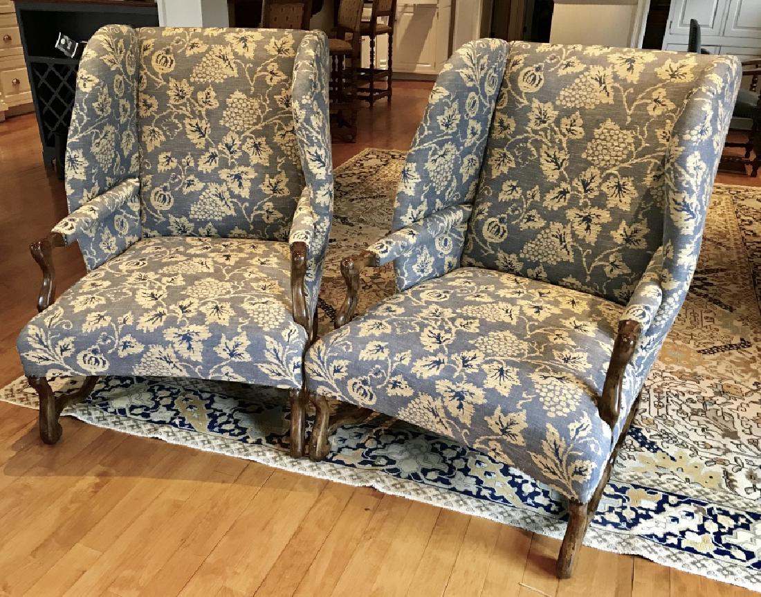 Pair Louis XIV Style Upholstered Wing Chairs (1 of 19)