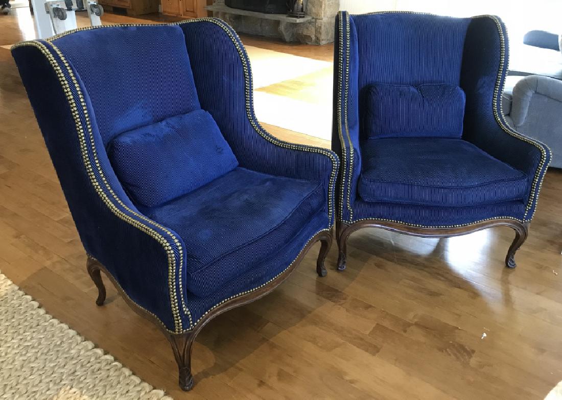 Pair Upholstered Blue Pull Up Wing Chairs (1 of 19)