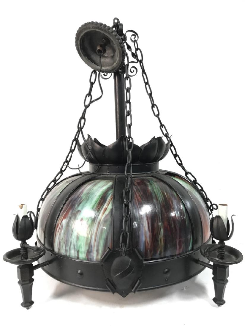 Antique Tiffany Style Art Slag Glass Lamp: Art Nouveau Celing fixture, chandelier, glass dome style lamp, tiffany style lighting, Slag glass Shade of lamp has tones of green, red, blue, white, & pink. Contains some cracks and chips in glass. C