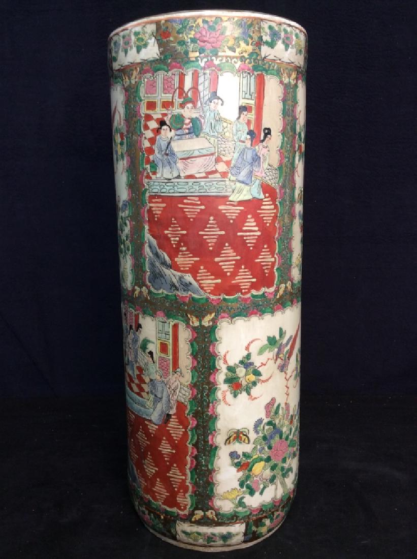 Oriental Porcelain Umbrella Holder: Piece has red toned oriental marking on underside. Asian characters, Contains various bird, floral, bird, and leaf detail. Contains depiction of various figures. Appears to be hand painted and vintage
