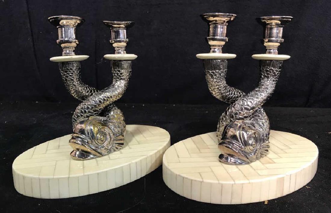 Pr Silver Pl Bone Dolphin Candlesticks: pair antique candlesticks, Silver Plate, unusual form each has silver Plate intertwined dolphins on base of mosaic inlaid bone, each is two armed candelabra style, property of Palm Beach Florida Estat