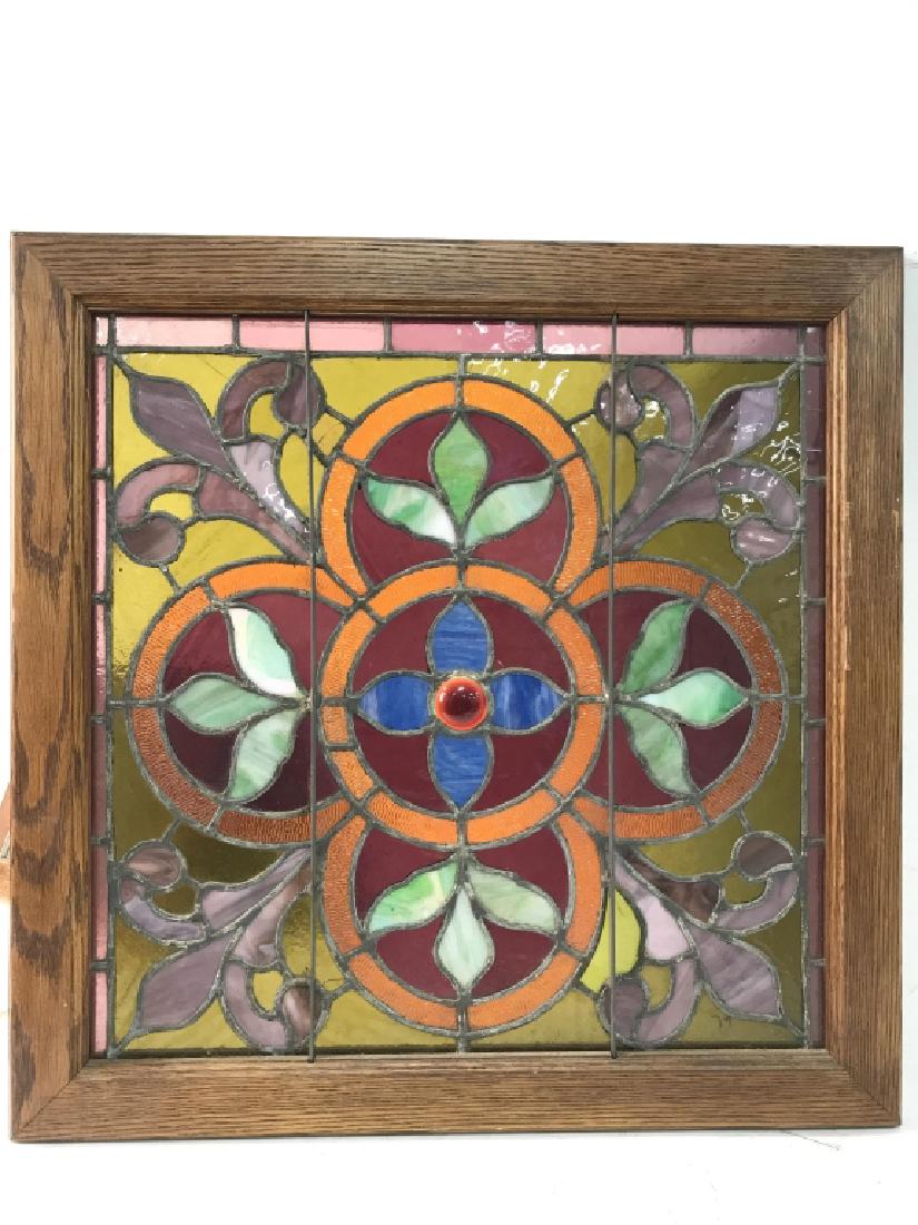Vintage Stained Glass Panel W Wood Frame