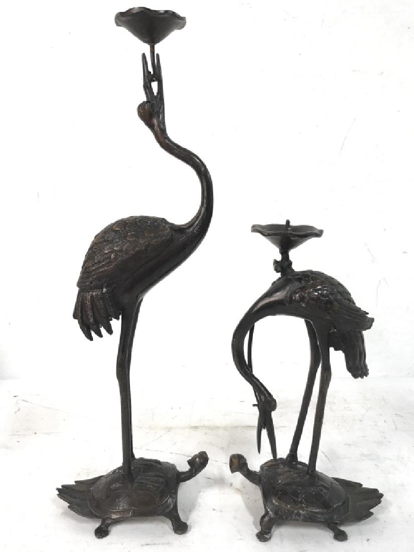 Lot 2 Bronze Metal Crane Figural Candlesticks (1 of 8)