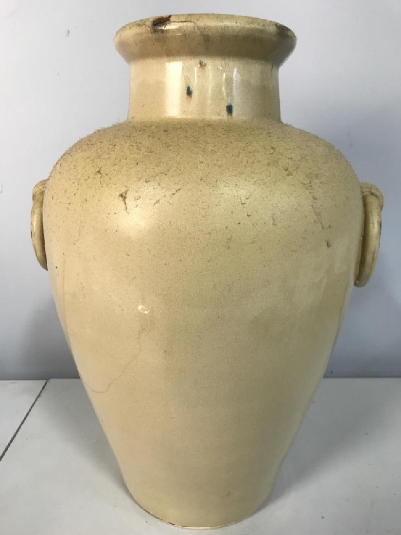 Cream Toned Ceramic Vase: Piece is cream toned & ceramic. Needs cleaning. Contains evident paint chipping & wear. Vase tableware, decorative tabletop accessory, Measures approx 17 inches tall 11 inches wide. 6