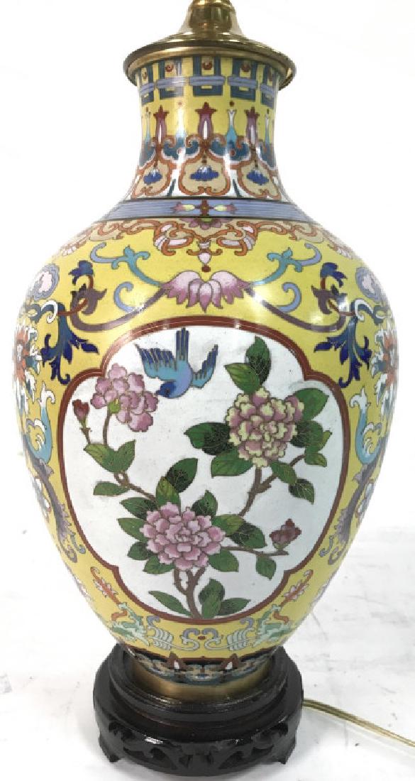 Intricately Detailed Oriental Cloisonne Lamp: Lamp has intricately floral design, enamel cloisonne with tones of yellow, gold, red, aqua, purple, red, and pink. Measures approx 26 inches tall 8 inches wide. Home lighting, home accessory, home dec