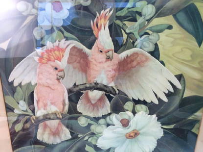 Print of Cockatoos in A tropical Landscape: Print of Cuckatoos in a forest, framed matted and under glass, signed Jessie arms Botke, Not examined out of frame, Tropical Art, Decorative Framed Prints, Framed Tropical Scenes, Orinthologic Prints