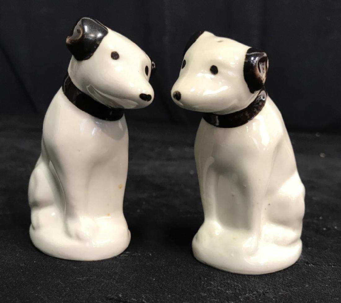 Vintage RCA Dog Salt And Pepper Shakers, Porcelain: Dog tableware, decorative table accessories, collectible salt and pepper shakers, RCA memorabilia, each measures ht app 4 inches, good condition