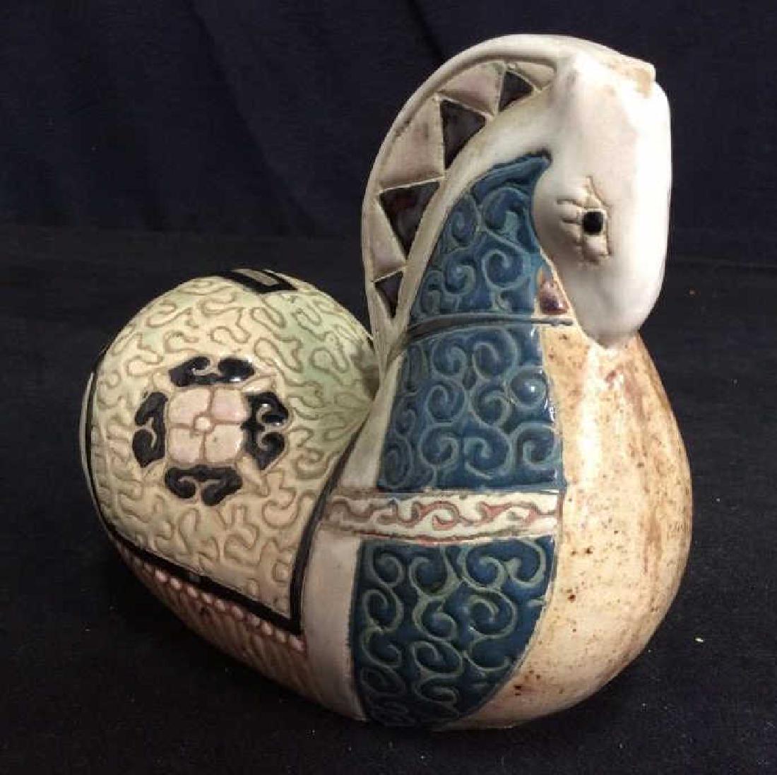Glazed Ceramic Horse Figural: Hand sculpted pottery, ceramic, table top accessory,horse measures ht 6.5 inches length app 8 inches, good condition