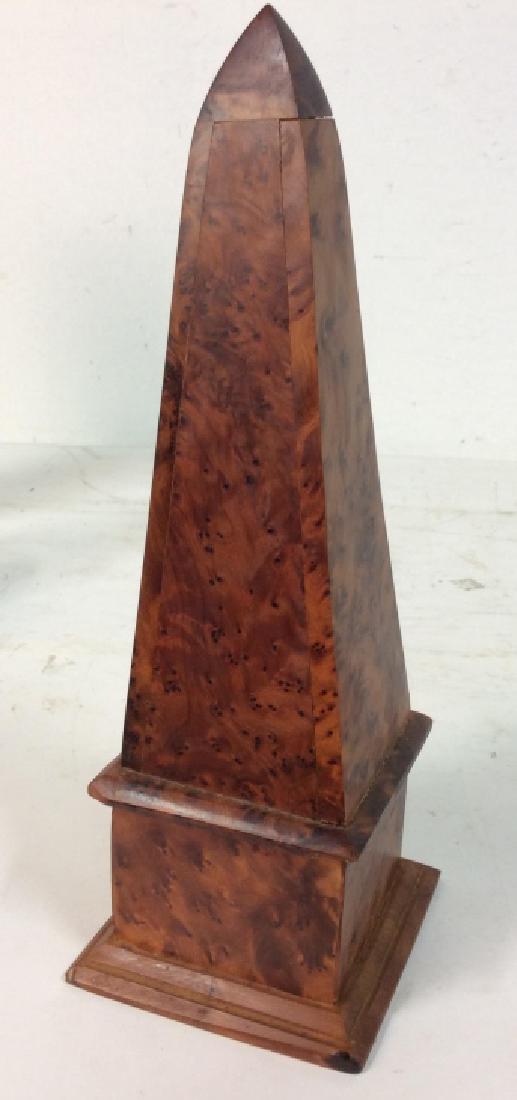 Ruled Wood Obelisk Sculpture: Burled Wood Desk Top Accessory, good condition measures ht app 12 inches