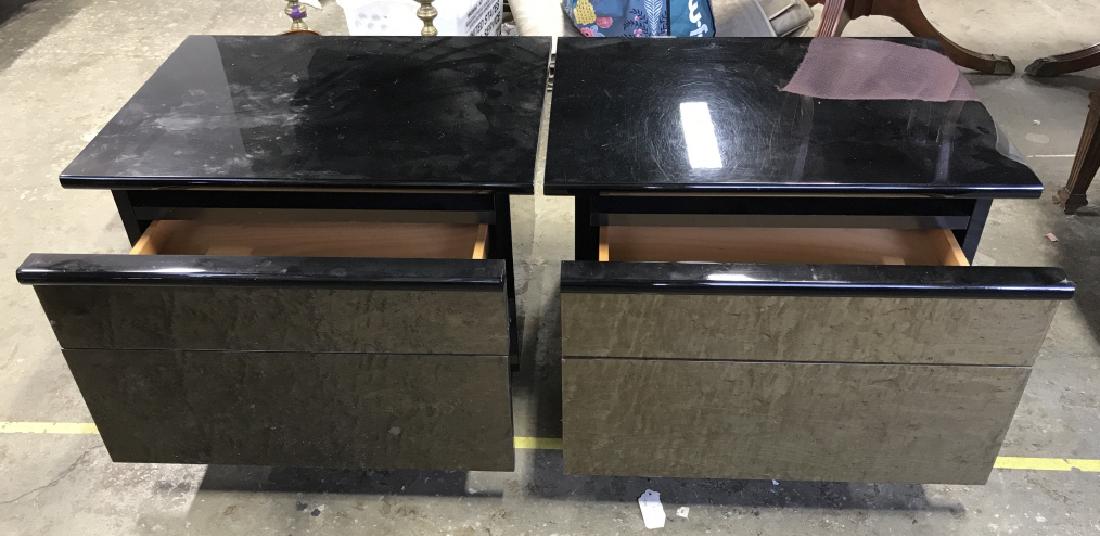 Pr MAURICE VILLENCY SILENIA Cabinets On Wheels: Set of End tables, Both pieces have tops which extend up and sideways. Pieces on inside of top drawer are marked MAURICE VILLENCY SILENIA MADE IN ITALY. Both pieces are on wheels. Pieces are black & b