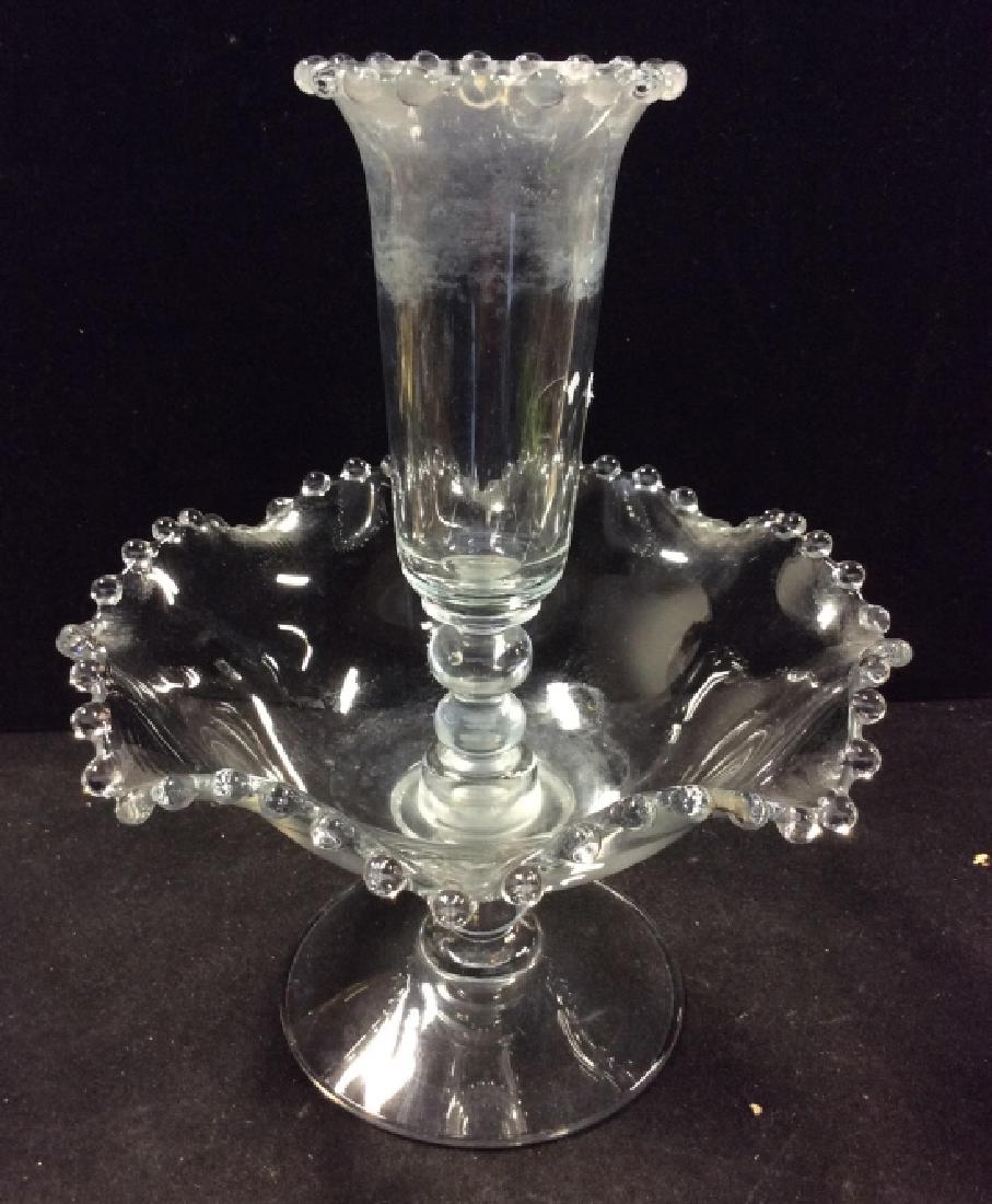 Vintage Candlewick Glass Centerpiece Epergne: Glass footed pedestal bowl with insertable center vase, intage collectible candle wick glass, Epergne, Tazza, Tableware, serviceware, decorative tabletop accessories. ht app 12 inches diameter 9 inche