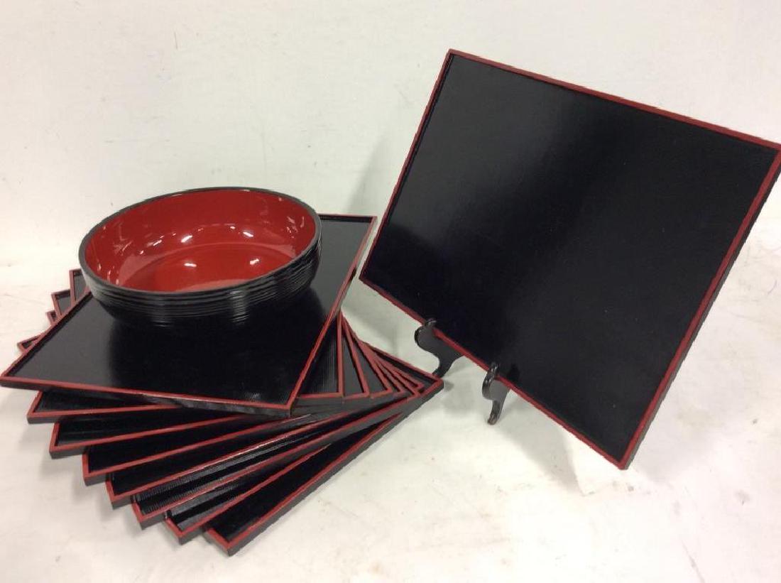 Set of 9 Black and Red Lacquer Ware Trays Bowl (1 of 12)