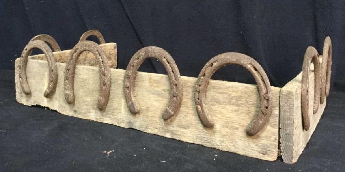 Rustic Iron Horseshoe Wood Shelf: Country style shelf, garden accessory, equestrian barn accessory, three sided shelf with mounted antique horse shoes measures 24 by 14 inches base ht 6 inches, Property of Bedford Horse Farm Estate