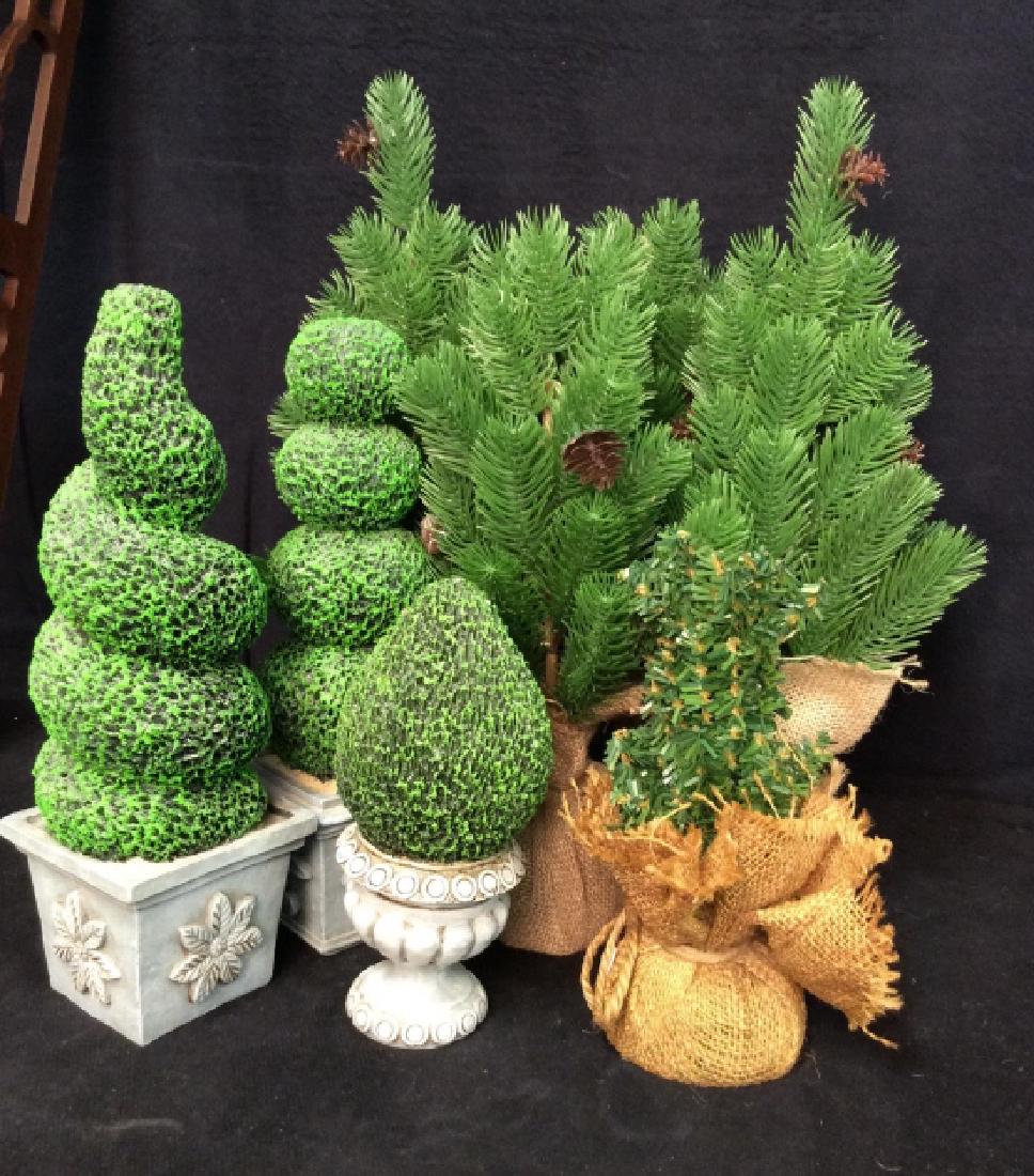 Holiday Plant Decorations: Group of 8 faux plant decorations including 3 faux planted topiaries, and 5 faux mini conifer plants in in burlap satchels. Tallest is approx 15 inches, good condition, Tree Decorations, Holiday Decor
