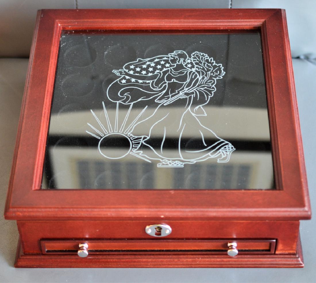 Mahogany Display Box for Walking Liberty Half Doll: Has draw that pulls out, missing key to box, weighs 5.39 pounds, 10.5" wide x 10.6" long x 3.5" deep