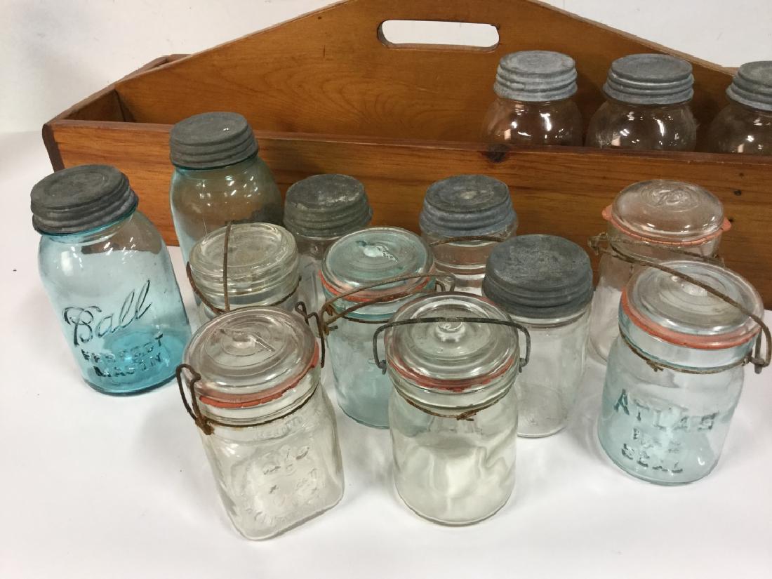 Vintage Canning Set in Carry All: Vintage possibly antique Canning Set Of Masons Jars with in Wooden Carrier, 14 Jars with covers, case 32 in x 10 in, Largest mason jar 7 in tall, Collectible Canning Equipment, Collectibles, Kitchenwa