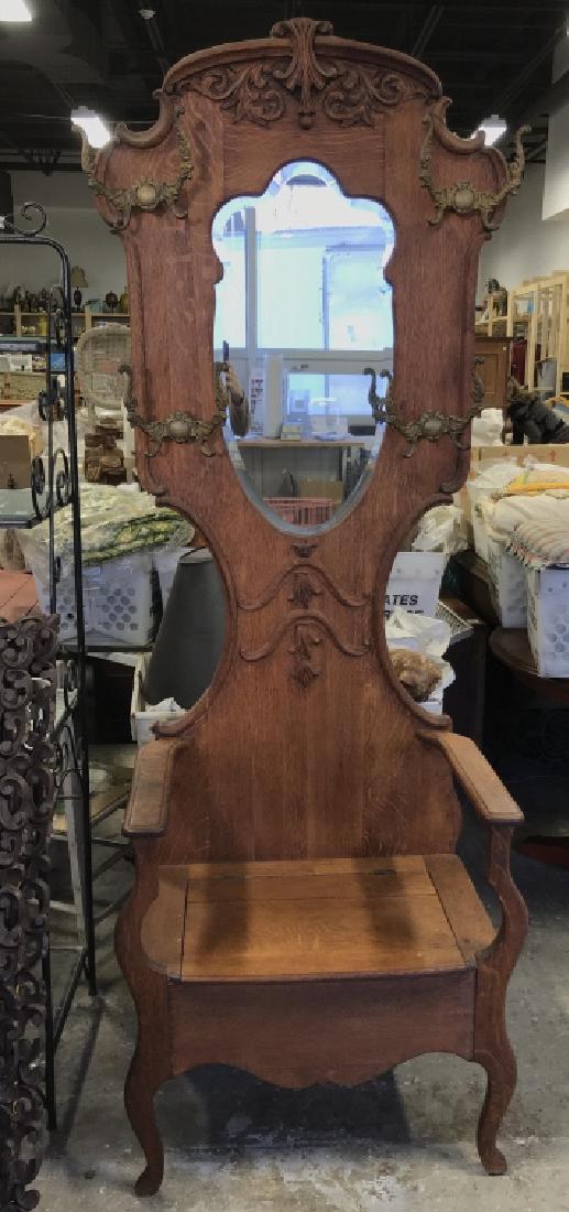 Victorian Oak Toned Hall Tree Bench Mirror (1 of 11)