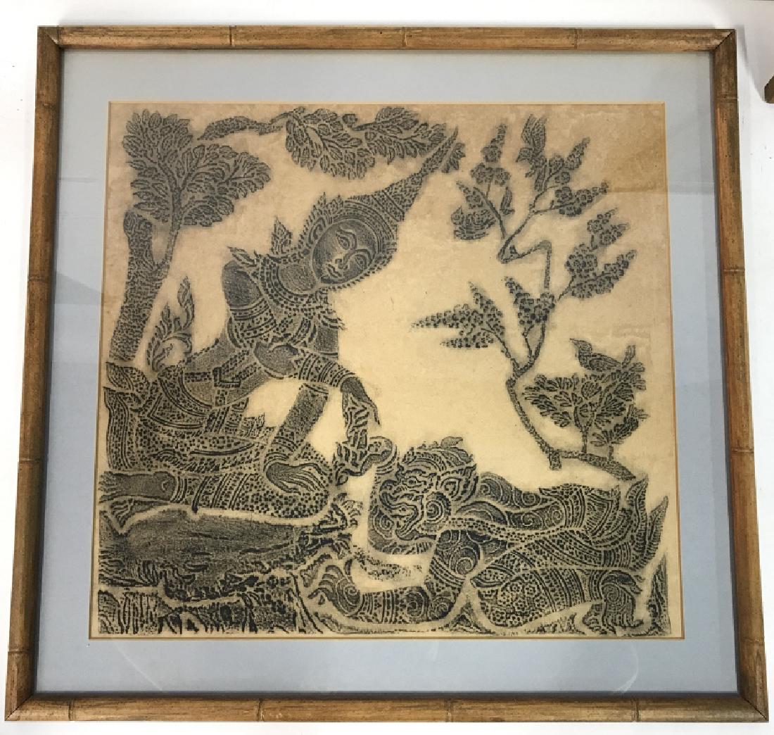 Framed Thai Charcoal Temple Rubbing On Paper (1 of 7)