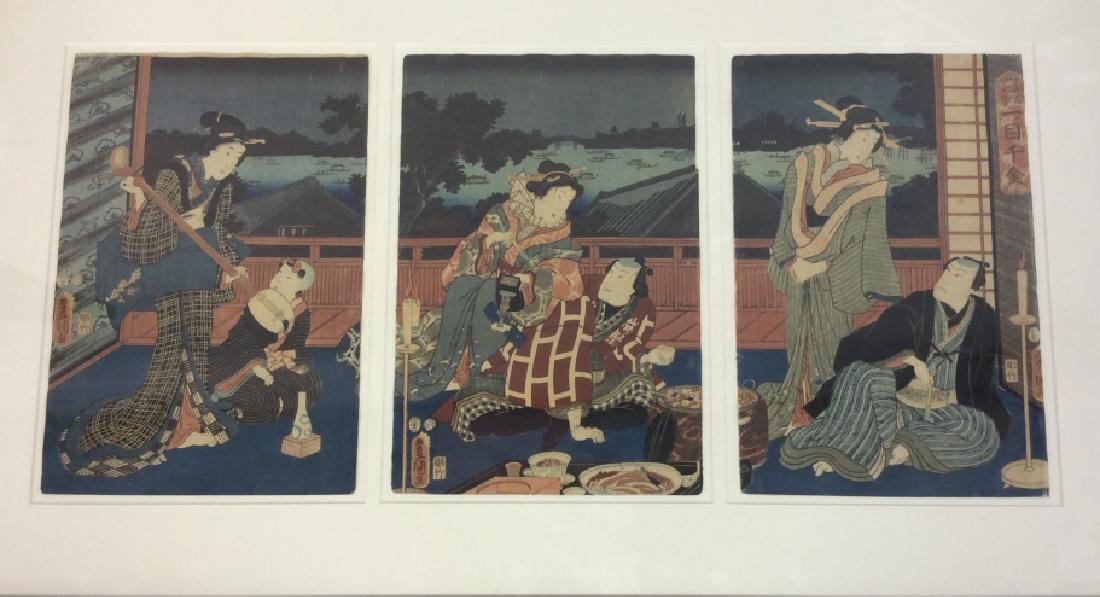 Triptych Japanese Woodblock Prints in Single Frame: Group of 3 Japanese / Asian woodblock prints depicting a triptych social gathering / kabuki theater scene. Asian characters are printed along the sides of each print. Prints feature figures and geisha