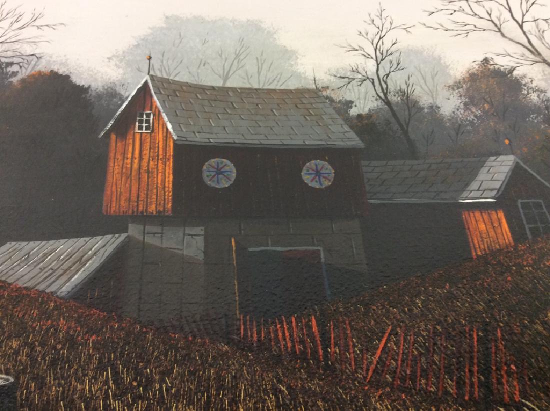 Signed & Framed THOMAS KERRY Barn Painting: Signed and framed THOMAS KERRY oil on board, possibly Masonite, Painting Of Barn / Farmhouse in Field. Image depicts Farmhouse in Field against dark autumn forest landscape backdrop. Signed Thomas Ker