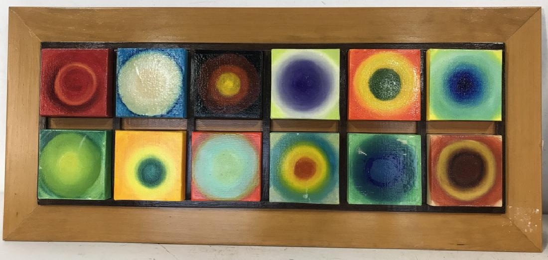 Circles and Beams, inscribed Rob Weiner, 2004: Circles and Beams, inscribed Rob Weiner, 2004. Multi toned, abstract artwork, tones include reds, purples, greens, blues ect. colorful painted canvas boxes on wooden frame, inscribed on reverse, 33 in