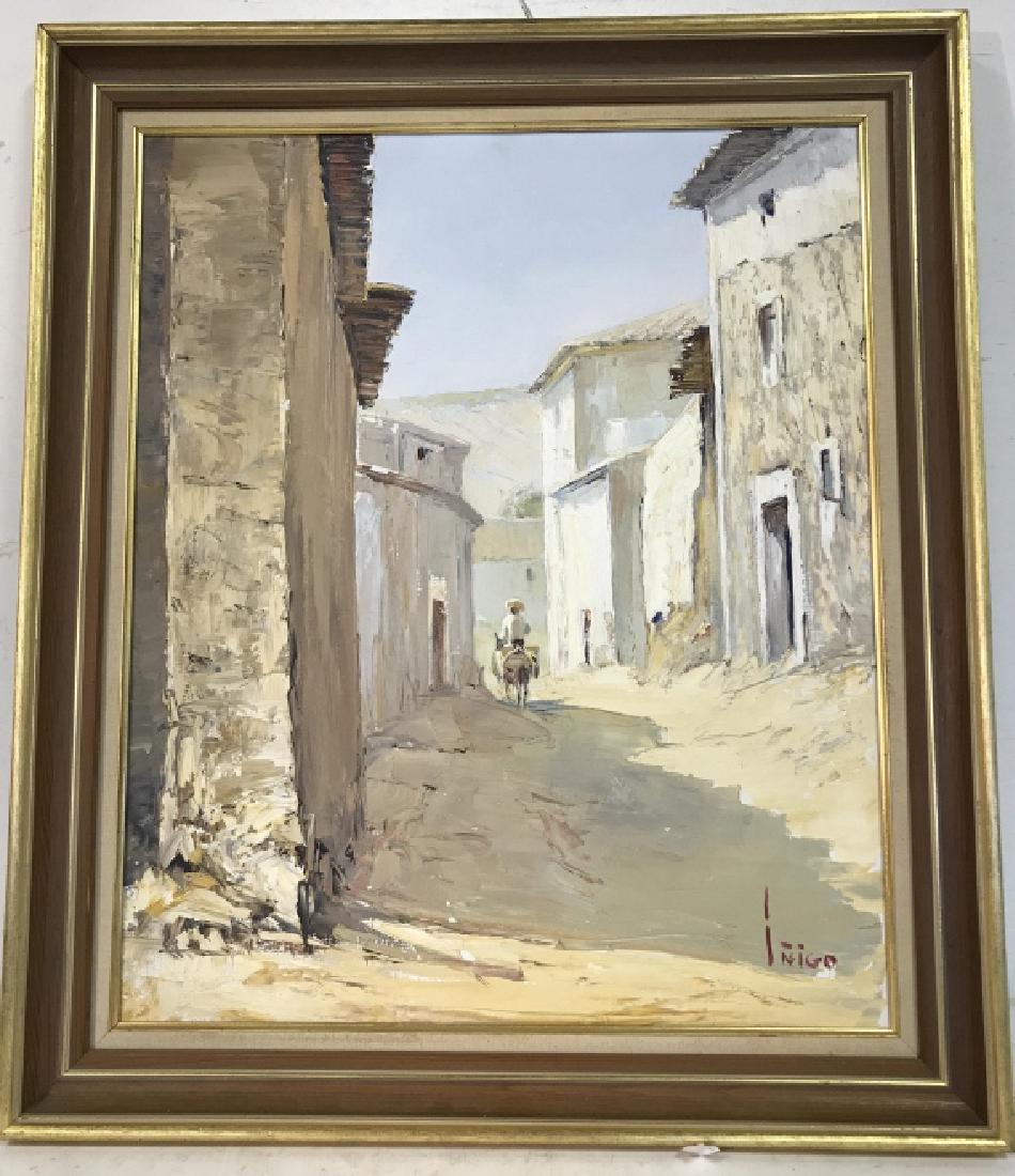 Manuel Indigo, Framed Oil on Canvas: Signed oil on canvas, Inigo, 26 in x 31 in to edge of frame, sun bleached Street scene with figure on burro, wood frame with gilt edging, on back of canvas Inscribed Manuel Indigo, Petra Prieta ‘46,