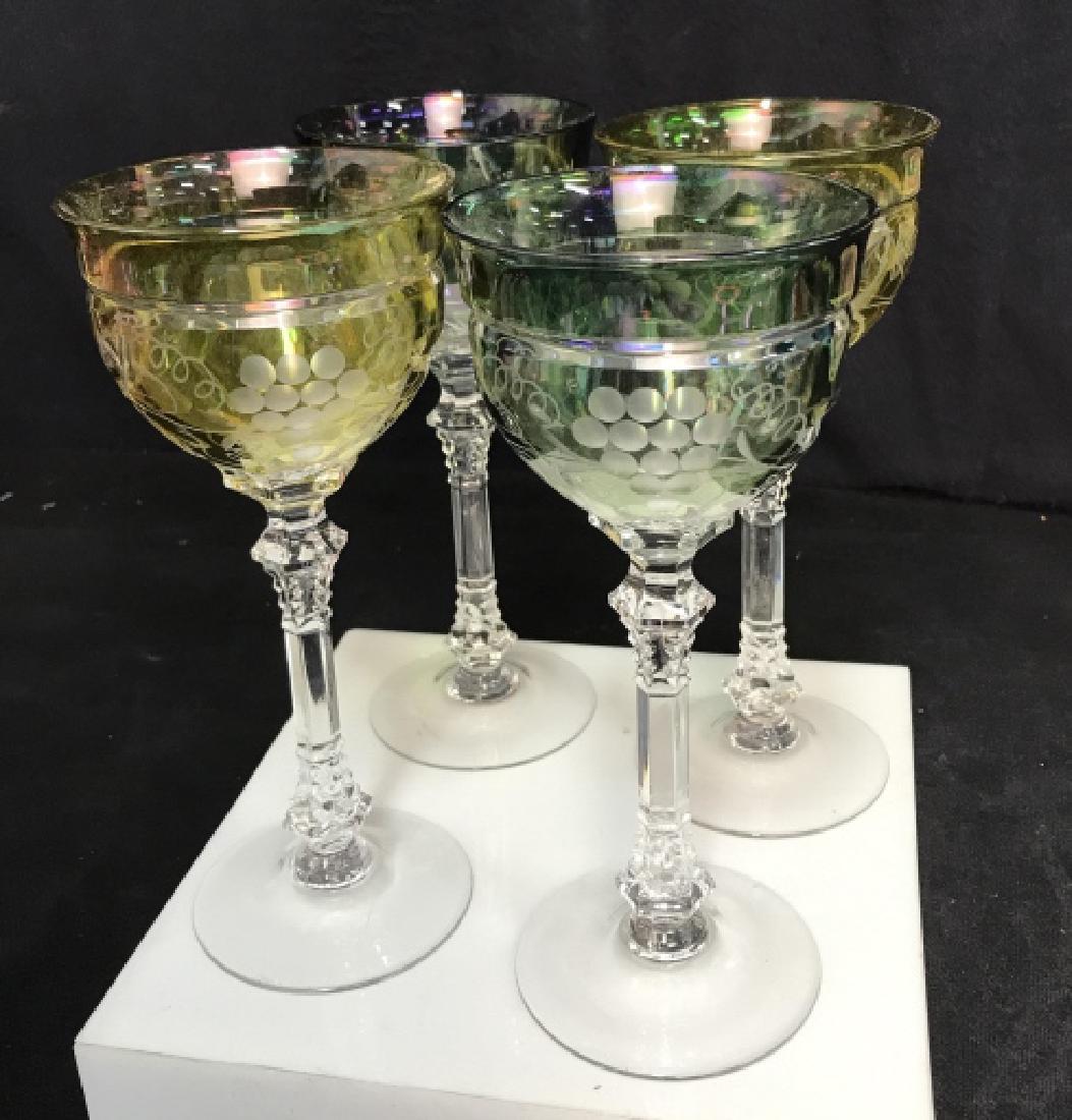 Group of 4 Bohemian Stemmed Wine Glasses: Group of 4 Bohemian Cust Glass Wine Glasses, 2 lemon colluded and 2 green, decorated with grapes and vines, good condition, each measures 7 1/2 in. x 3 1/2 in, Decorative Tableware, Decorative Glasswa
