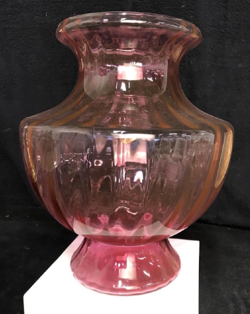 Cranberry Glass Vase: Cranberry Glass Vase, Of bombastic form with ribbing to a shorter neck on elephants foot base, good condition, 12 in x 11 in at widest point, Decorative Glassware, Decorative Mid Century Glassware, Gl