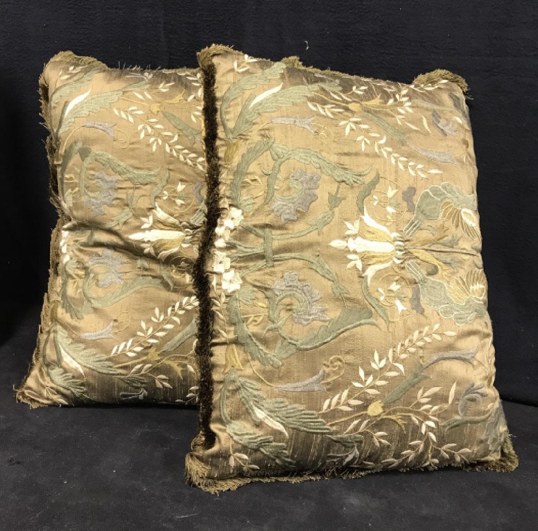 Pair Of Velvet Backed Silk Embroidered Pillows (1 of 7)
