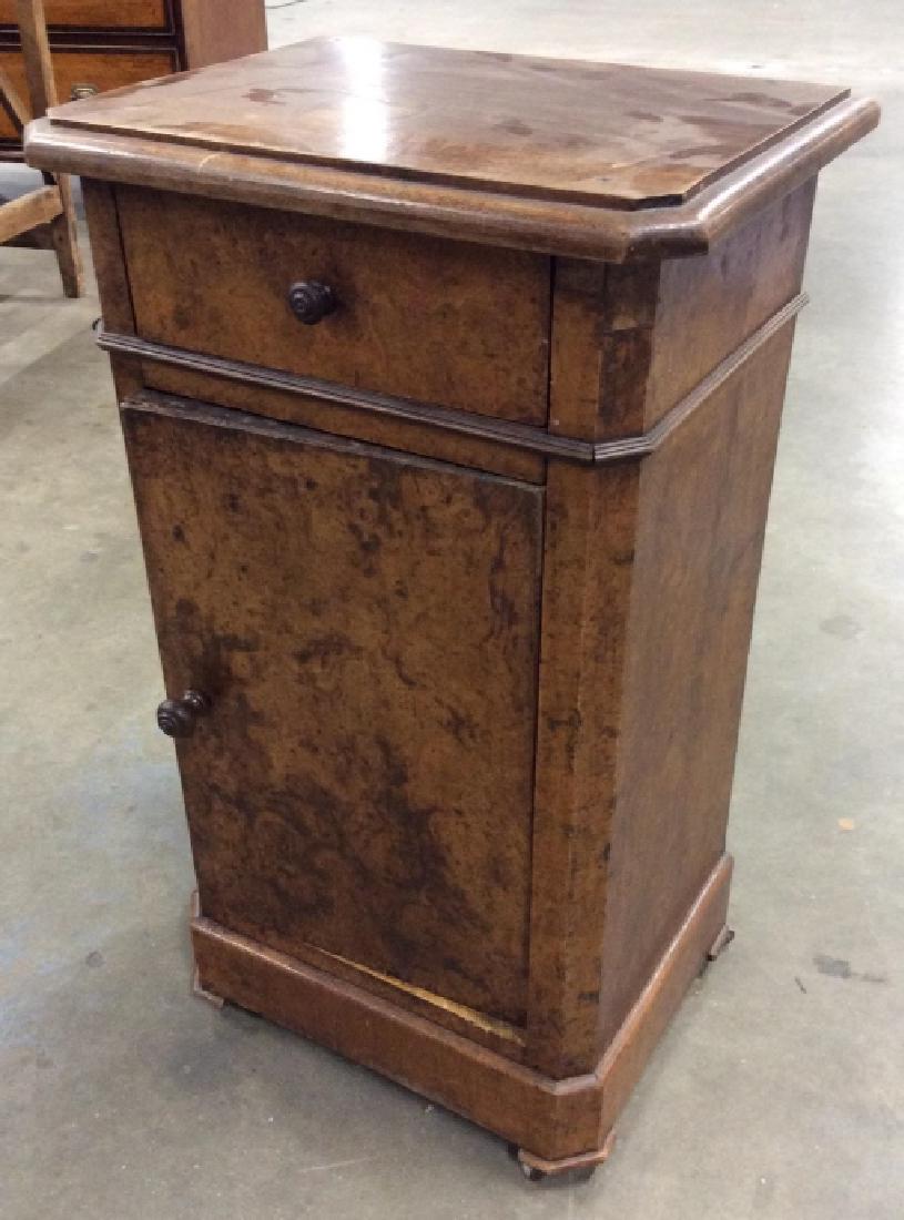 Vintage Wooden Nightstand: Vintage wooden nightstand with drawer and cabinet. Possibly antique. Possibly walnut wood. Has a shelf inside the cabinet. Door to the cabinet is completely loose / unattached and needs restoration. S