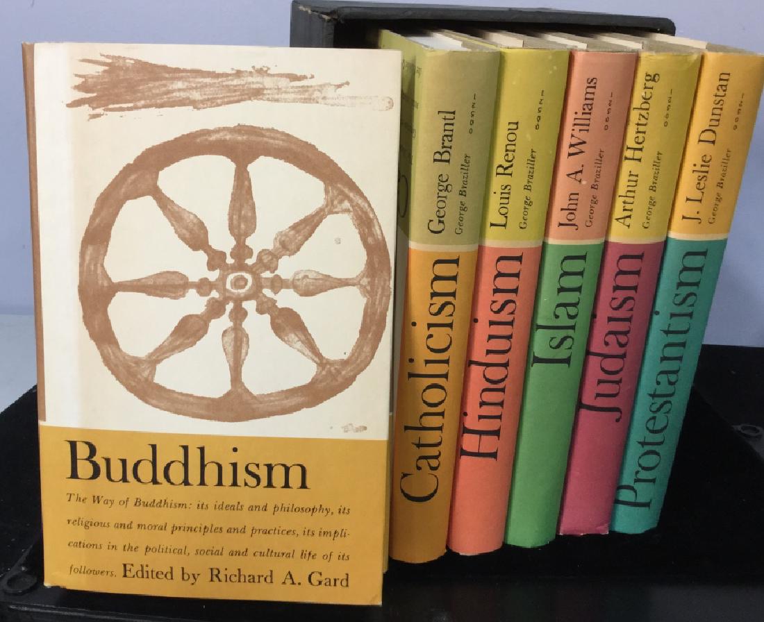 Boxed Set Of Books On Religion: Boxed Set of books on primary World Religions; Buddhism, Catholicism, Hinduism, Islamic, Judaism, Protestantism, all have original jackets and in good condition, outside measurements of Boxed Set 6 in