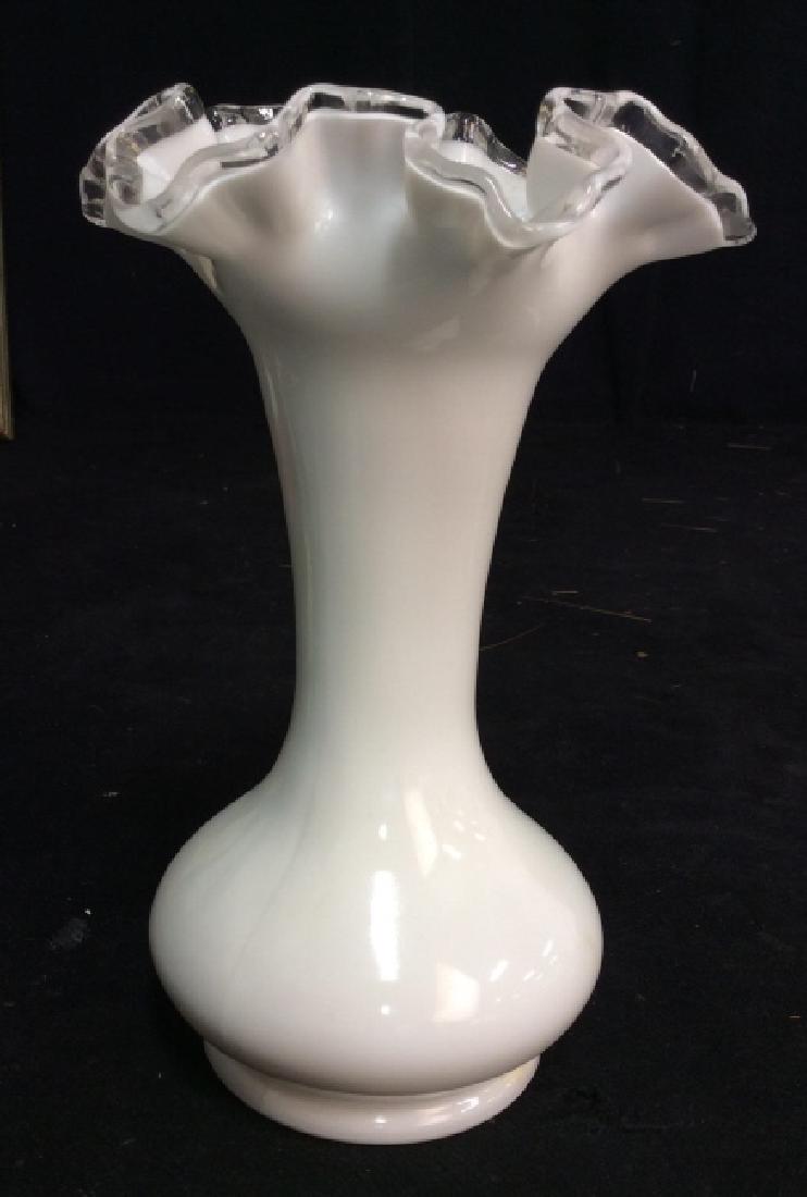 Vintage Milk Glass Vase: With Flutes cut to clear top, white glass measures app 8.5 inches ht, Tableware, decorative tabletop decor.