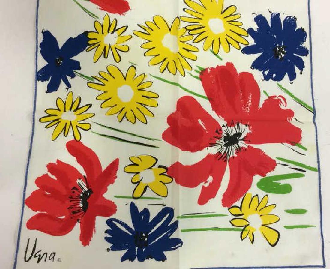 Lot 12 Vintage Vera Neumann Pop Art Cloth Napkins: Lot 12 Vintage Vera Neumann Pop Art Cloth Napkins. Zenitel toned cloth napkins with blue thread trim and yellow, blue and red toned pop art floral print. Marked Vera in corners. Some minor discolorati