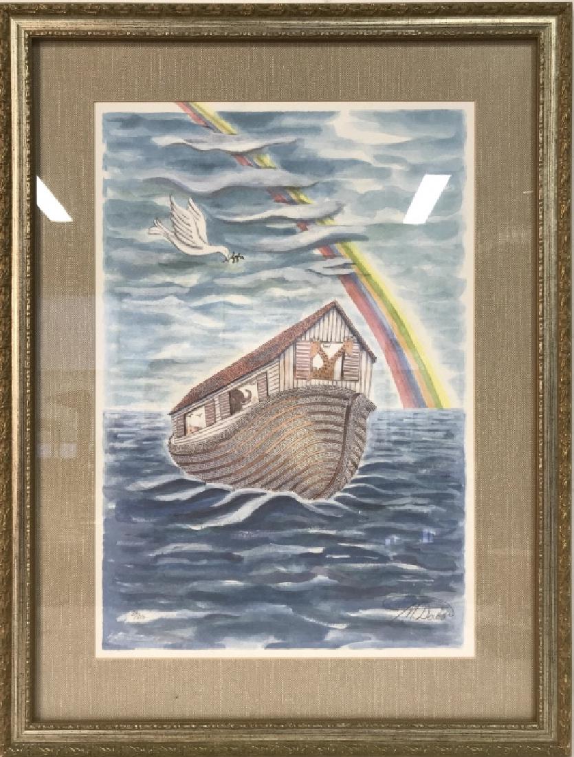 Signed Print Of Watercolor: Print appears to depict Noah’s arc. Contains an image of a boat at sea with various animals inside. Structure of boat appears to be detailed with Hebrew characters. Piece is professionally framed & 