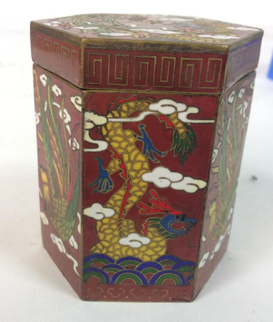 Dragon Detailed Cloisonne Box: Trinket box signed with Asian Characters underside, maroon toned ground with colorful dragons, ht app 2.5 inches, asian arts and crafts Asian Decorative Arts and Crafts, decorative tabletop, tabletop 