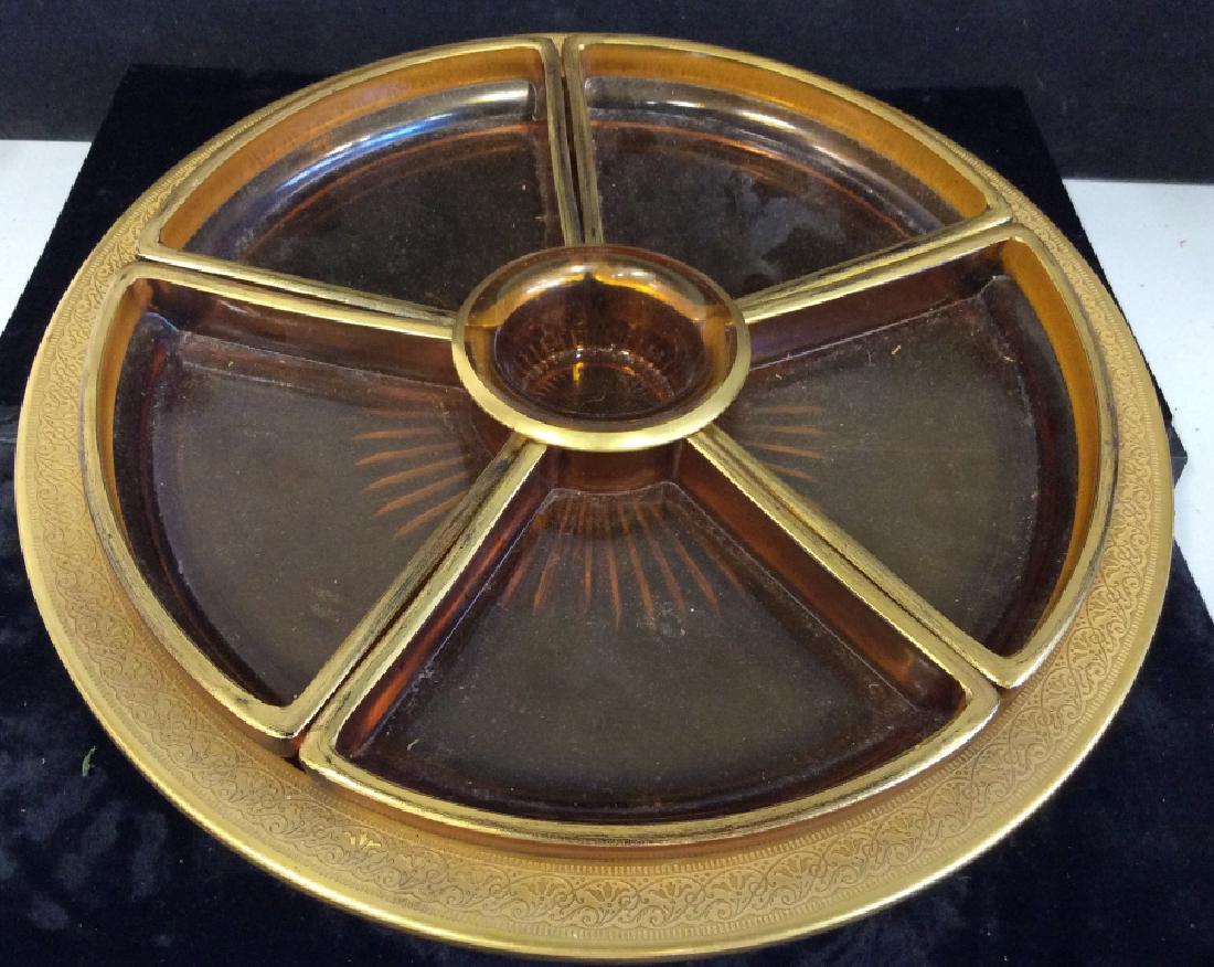 Embossed Gold Hors d’oeuvres tray: Vintage embossed gold rimmed hors d’oeuvres Tray, with 5 compartments and a dipping well, good condition, 12 1/2 in diameter, decorative Tableware, decorative Kitchenware, Entertaining Dishware, Hol