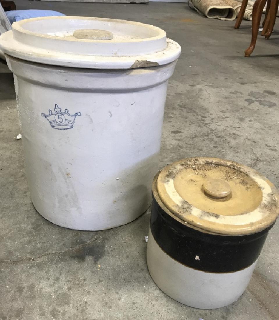 Vintage Poss Antique Salt Glazed Pickling Jars: Vintage Poss Antique Salt Glazed Pickling Jars, Vintage Pottery, Country House Decor, chip to lid of larger jar, crazing and chips to smaller jar and lid, needs cleaning. Largest measures approx 15 in