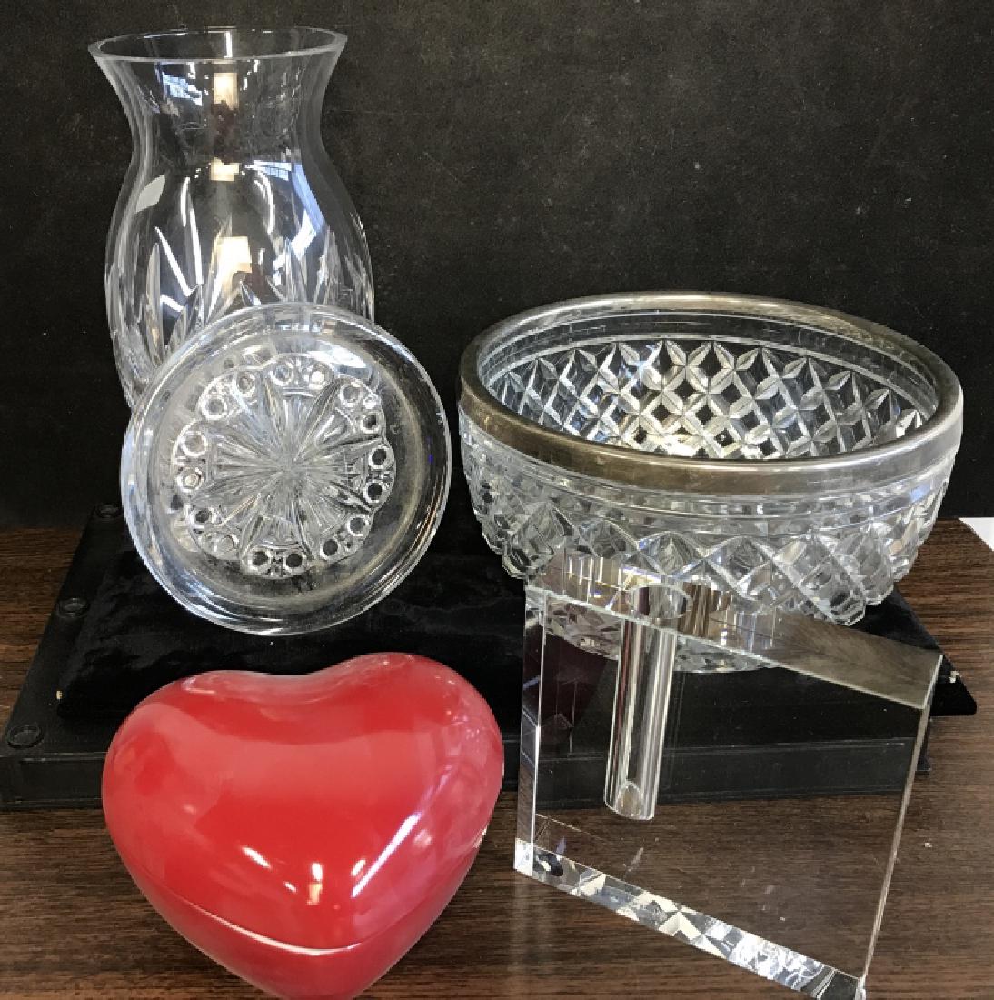 Vintage group lot of Cut Glass & Crystal: Vintage Lot of Crystal and cut glass items including a fruit bowl, a wine bottle coaster, Lenox crystal vase, and a bad ash bud vase, Lenox crystal 9 inches tall, Lenox, bad ash and rose that in origi