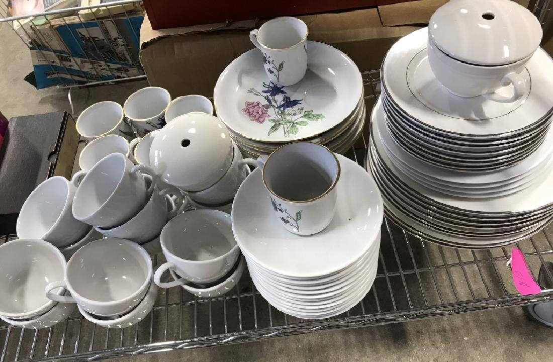 Vintage Mixed White Porcelain Service: Vintage mixed white porcelain Service including 2 serving bowls, one covered, 21 bread plates, 2 covered tea cups, 11 salad plates, 8 dinner plates, 20 coffee cups and 14 saucers, 78 pieces total, goo
