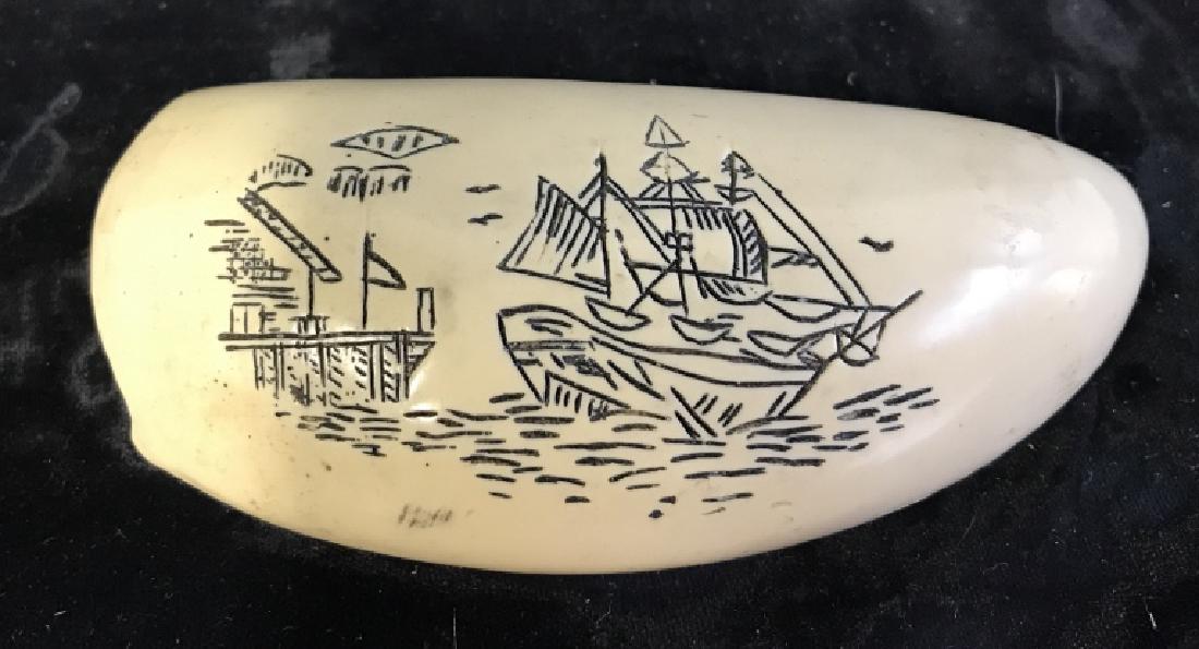 Vintage Scrimshaw: Vintage scrimshaw Wale tooth, 6 in x 4 in, depicts ship in a harbor scene, good condition, possibly bone possibly faux bone. Whalers Art, Maritime crafts Collectible whale bone art, Collectible scrims