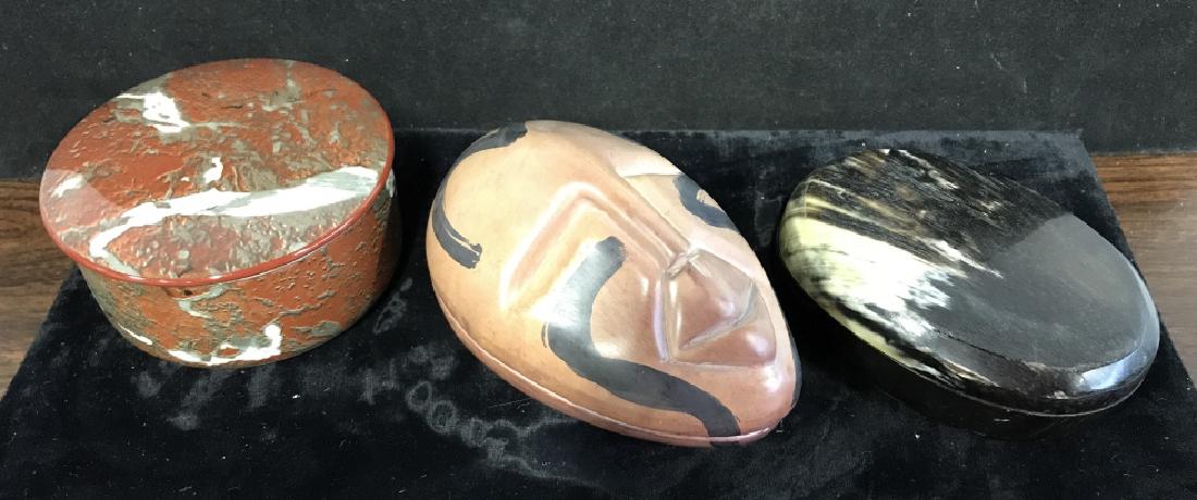 Collection of Decorative Boxes: Group of decorative Desktop boxes, including possibly horn, ceramic and one mask faced of stone, largest measures 5 in x 3 in, good condition, Desktop Collectibles, Desktop Utensils, Trinket boxes, 5