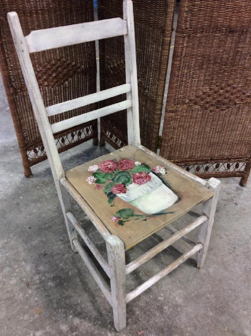 Country Chic Inspired Handpainted Farmhouse Chair: Country Chic Inspired Handpainted Farmhouse Chair. Weathered paint, white toned body, plank seat with handpainted floral design, measures app 33 in tall by 17 in by 16 in, side chair, hall chair, dinn