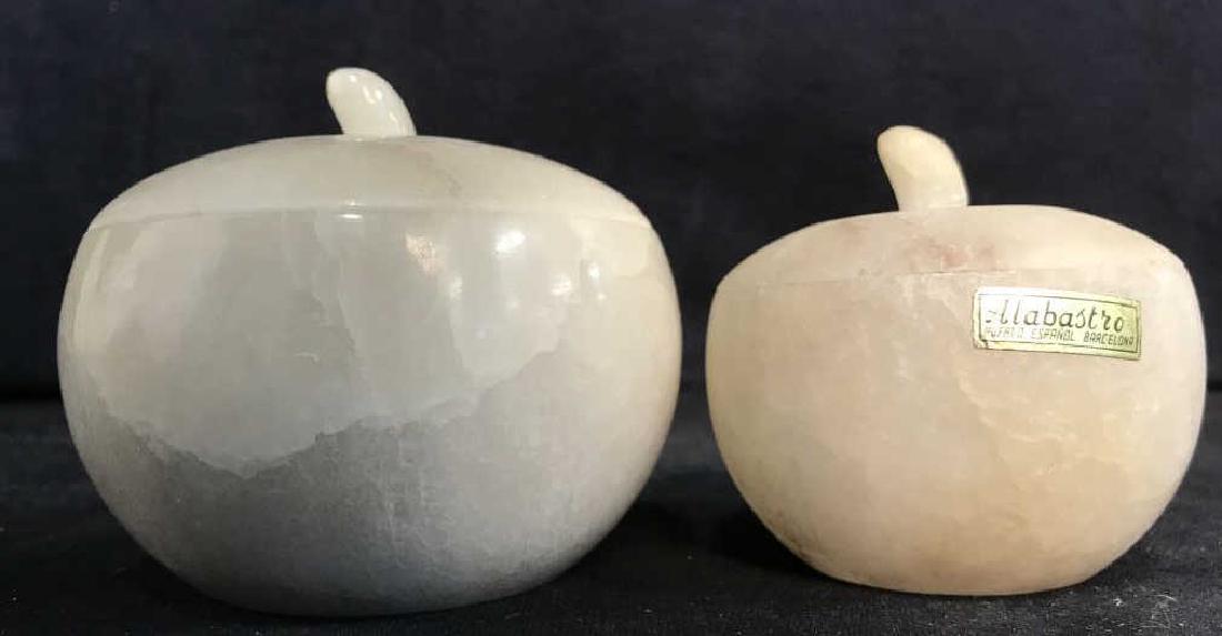 ALABASTRO Apple Trinket Dish W Lids: Trinket dishes have tag which reads ALABASTRO. Pieces are white toned have some minor wear. Both include lid. Larger apple measures approx 4 inches wide 3.5 inches tall. Tableware, boxes, trinket dish