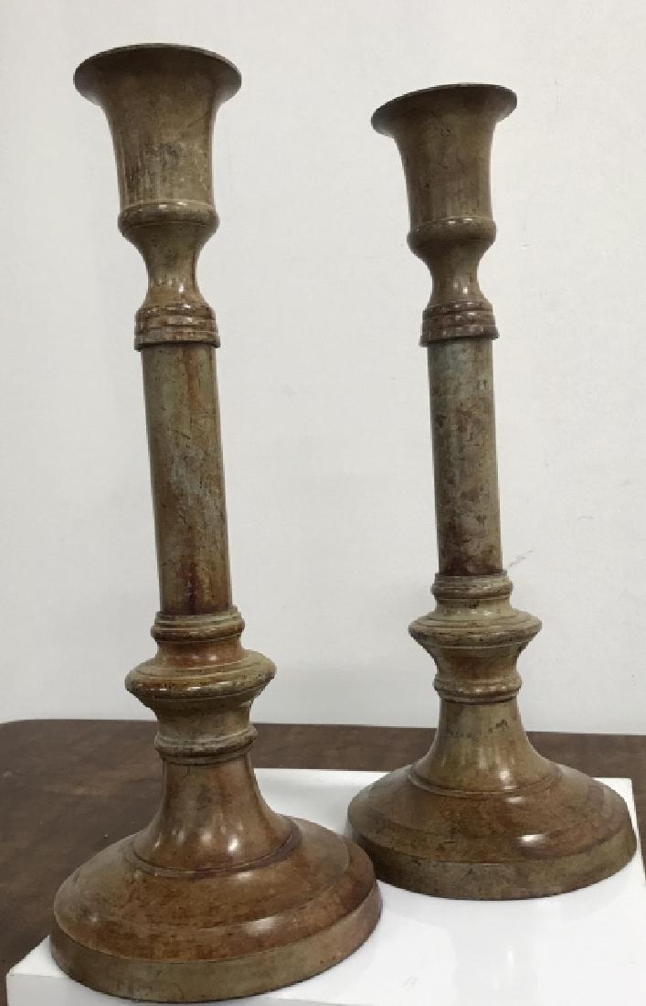 Pair Marbleized Metal Candlesticks: Pair of Marbleized Metal Candlesticks, cast to look like marble, each measures 14 in x 6 in diameter at base, good condition, Decorative Tableware, Decorative Kitchenware, Marbleised Metal, Candlestic