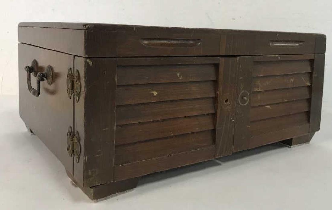 Wooden GORHAM Silverware Organizer Box: GORHAM Wooden silverware organizer box. Box includes an upper section and a pull out shelf underneath for storage of utensils. Box has moderate surface wear, both on exterior and interior, and is miss