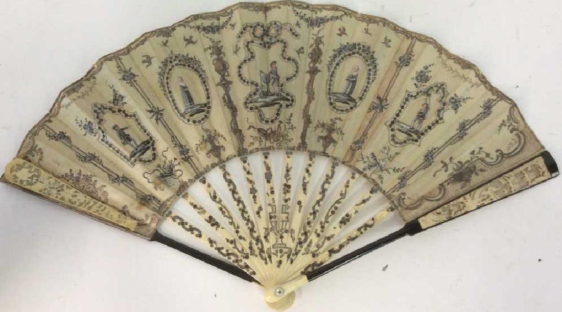 Antique Hand Painted Carved French Fan: Ladies antique Hand Fan,Hand Painted, Figurals with added sequins touches, hand carved bone at sides, one bone piece needs re attachment, Victorian Fan, Victorian Ladies Accessory, measures ht at cent