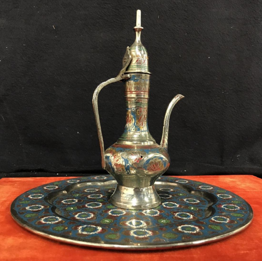Middle Eastern Moorish Decorative Ewer & Plate: Middle Eastern Moorish / Persian / Moroccan style decorative ewer and plate. Hand-hammered Metal ewer and Plate, possibly tin. Hand-painted, possibly with enamel. Paint is blue, red, white, and green 