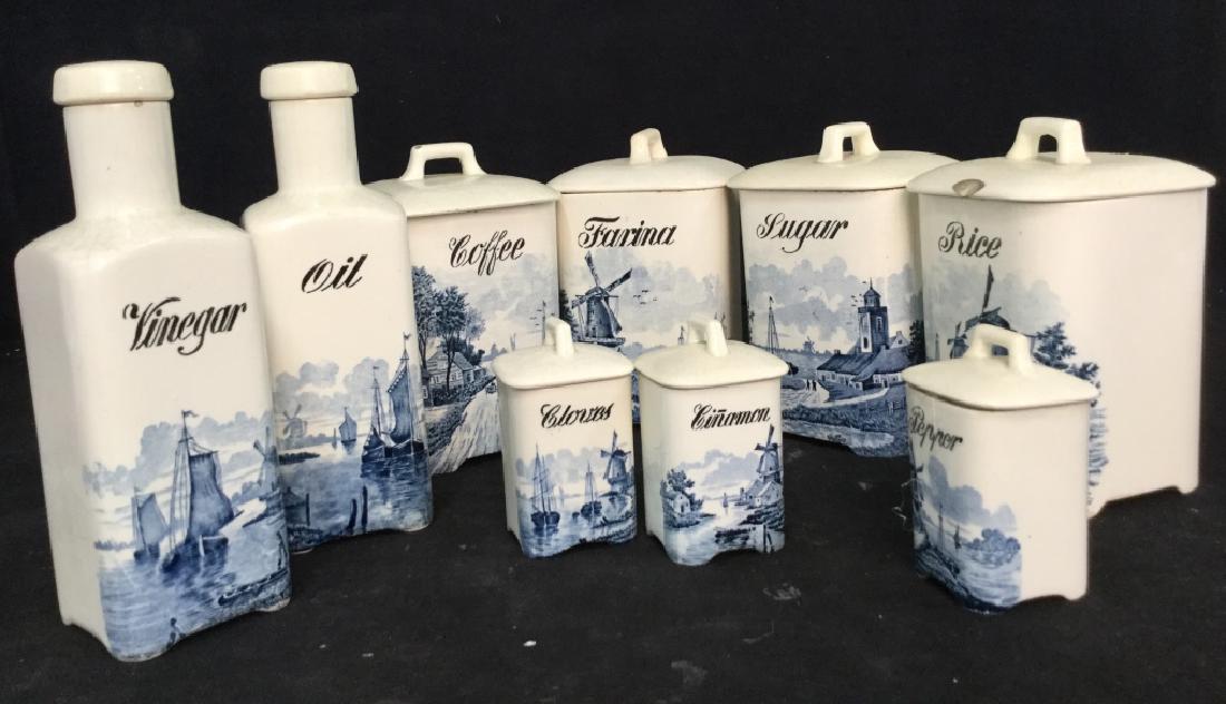 Vintage Decorative Ceramic Lidded Kitchenware: Vintage Decorative Ceramic Lidded Kitchenware, stamped Frankson Germany, Includes labeled vinegar and oil, salt pepper, pepper has repair, Others have chips and old cracks, 9 total, German Ceramics, D