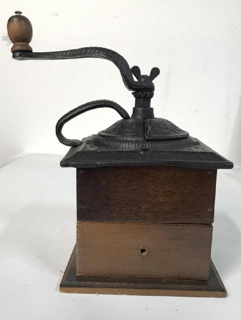 Antique Wood Metal Bean Grinder: Antique kitchen utensil, decorative accessory, measures with grinding handle app ht 10 inches, base app 6 inches square, antique kitchen tool, collectible antique